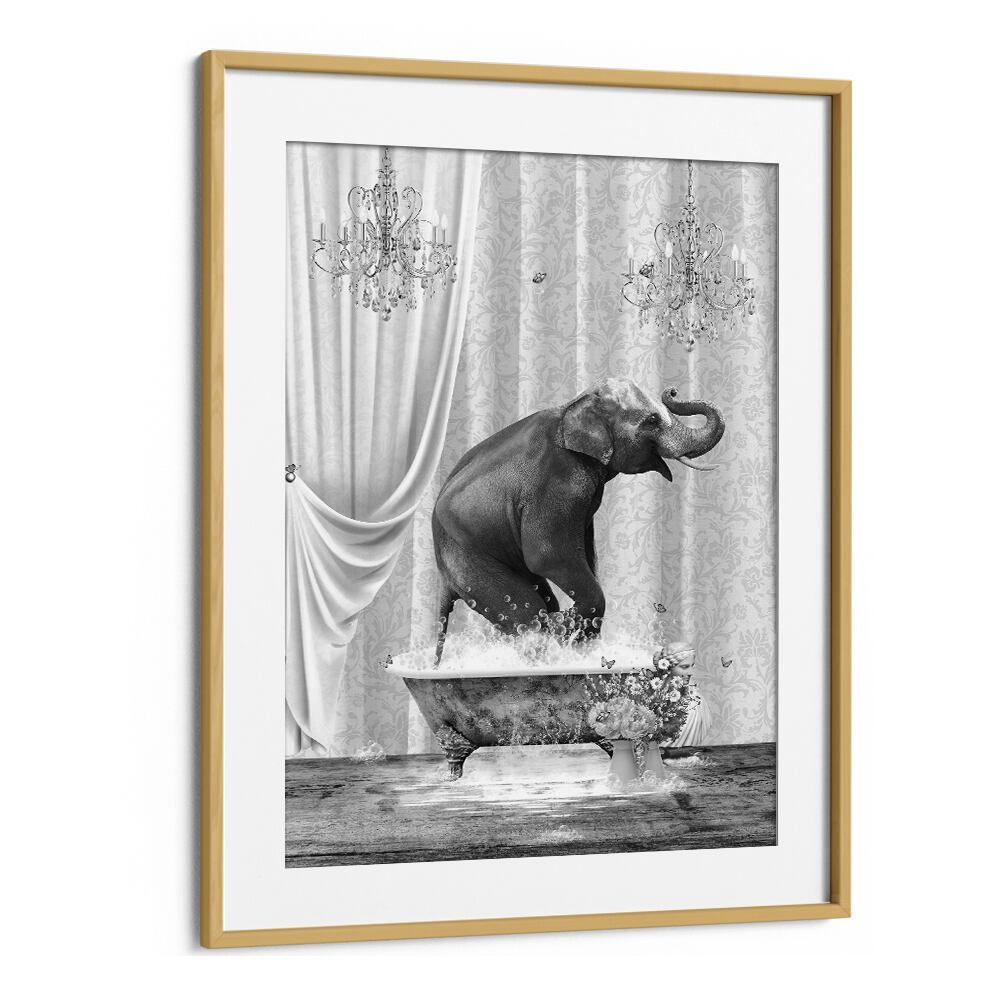 elephant a bubbles black and white by sue skellern wall art prints in Oak Wood Frame With Mount