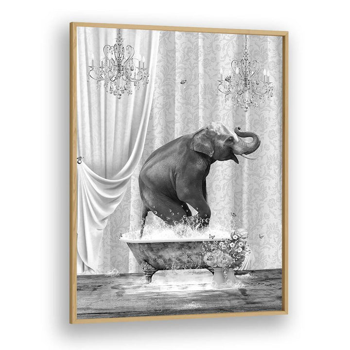 elephant a bubbles black and white by sue skellern wall art prints in Oak Wood Plain Frame