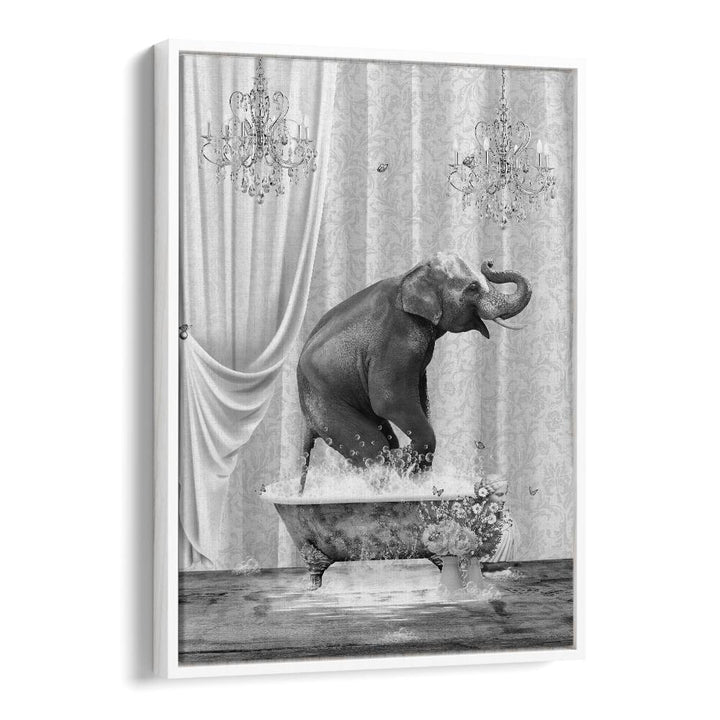 elephant a bubbles black and white by sue skellern wall art prints in White Floater Frame