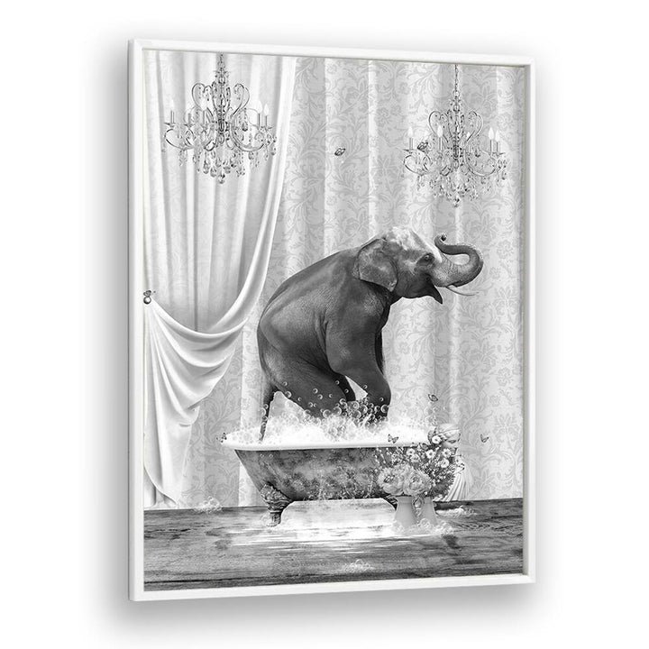 elephant a bubbles black and white by sue skellern wall art prints in White Plain Frame