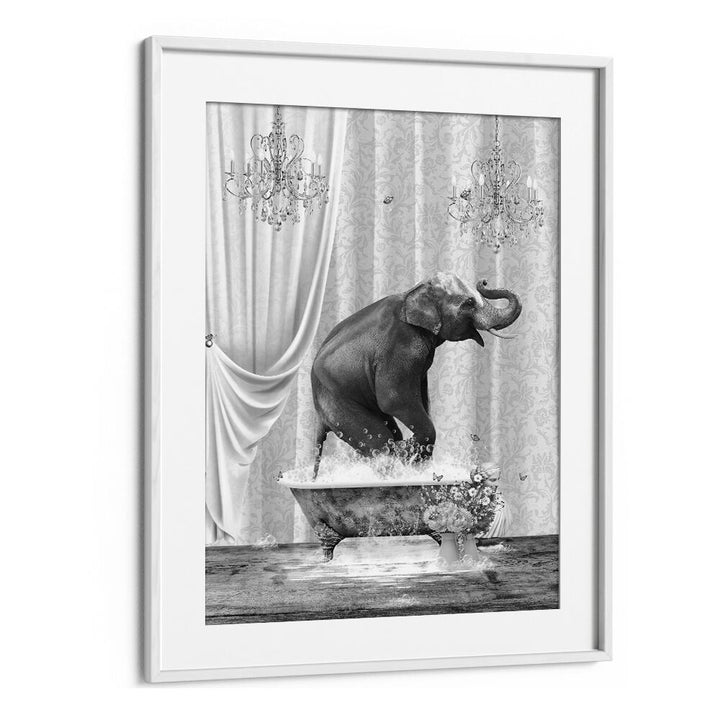 elephant a bubbles black and whiteby sue skellern wall art prints in White Frame With Mount