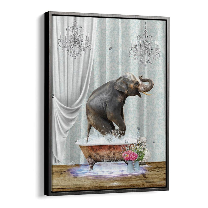 elephant a bubbles by sue skellern wall art prints in Black Floater Frame