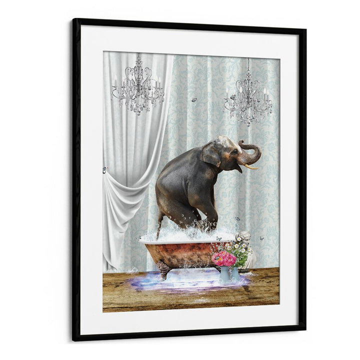 elephant a bubbles by sue skellern wall art prints in Black Frame With Mount