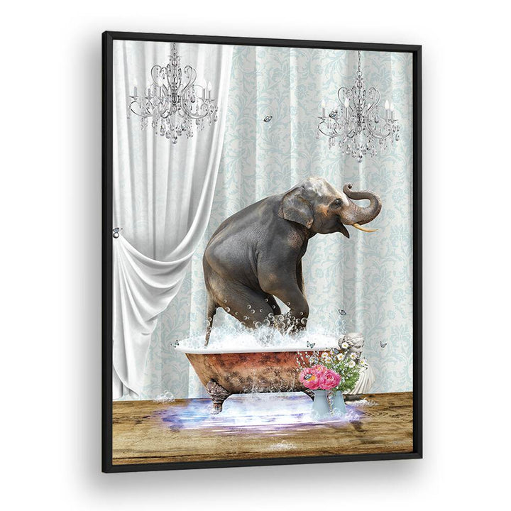 elephant a bubbles by sue skellern wall art prints in Black Plain Frame