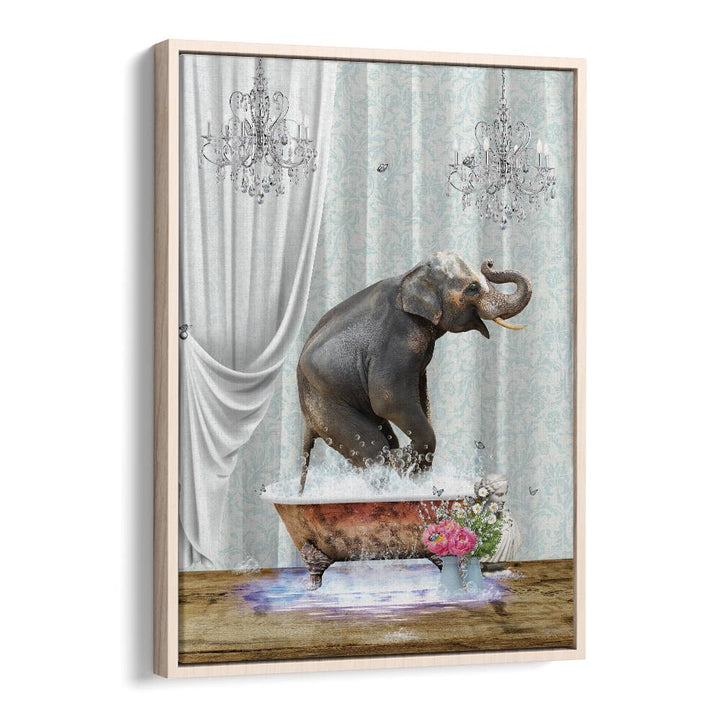 elephant a bubbles by sue skellern wall art prints in Oak Wood Floater Frame