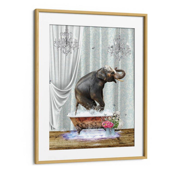 elephant a bubbles by sue skellern wall art prints in Oak Wood Frame With Mount