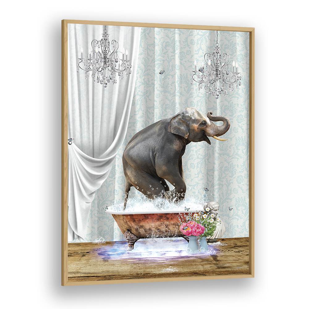 elephant a bubbles by sue skellern wall art prints in Oak Wood Plain Frame