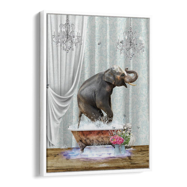 elephant a bubbles by sue skellern wall art prints in White Floater Frame