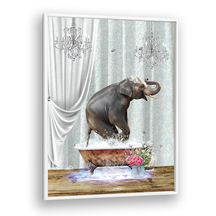 elephant a bubbles by sue skellern wall art prints in White Plain Frame