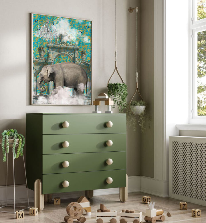 elephant adventures by sue skellern wall art prints Artwork II placed on a wall