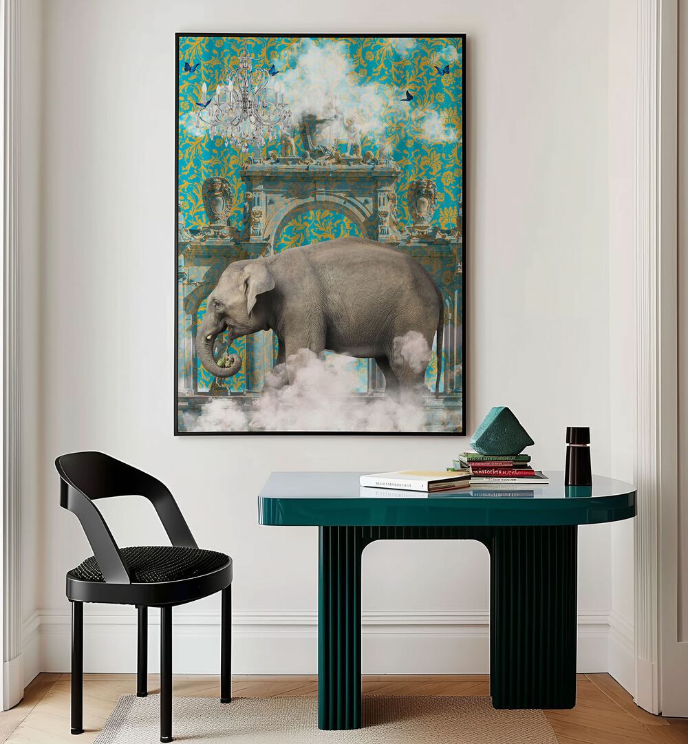 elephant adventures by sue skellern wall art prints Artwork III placed on a wall