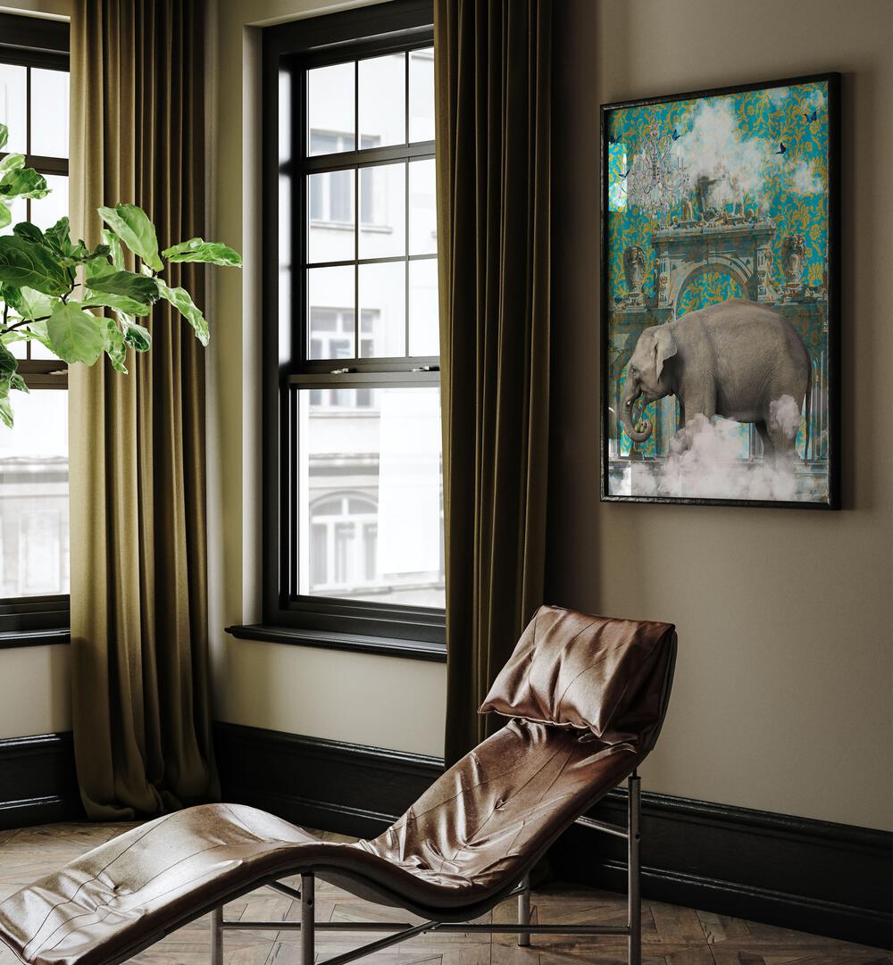 elephant adventures by sue skellern wall art prints Artwork VII placed on a wall