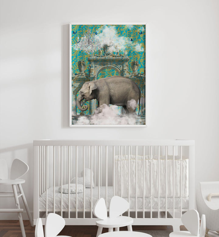 elephant adventures by sue skellern wall art prints Artwork II placed on a wall