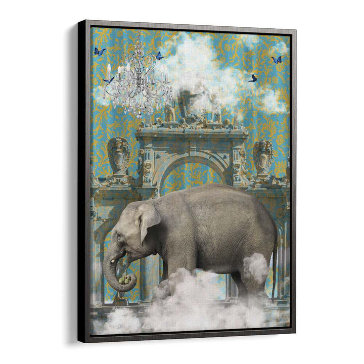 elephant adventures by sue skellern wall art prints in Black Floater Frame