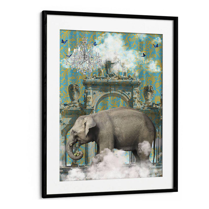 elephant adventures by sue skellern wall art prints in Black Frame With Mount