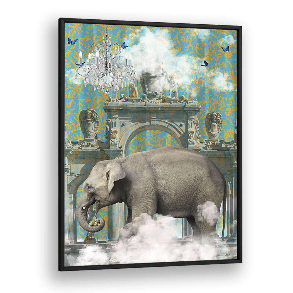 elephant adventures by sue skellern wall art prints in Black Plain Frame