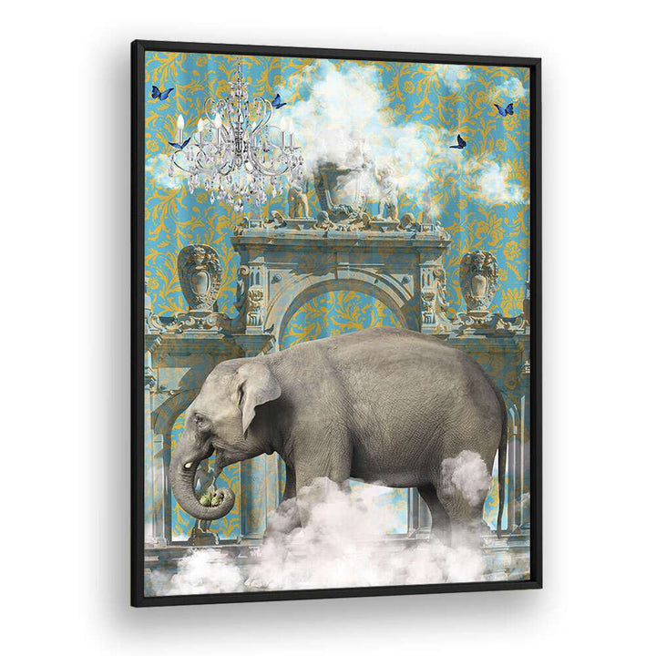 elephant adventures by sue skellern wall art prints in Black Plain Frame