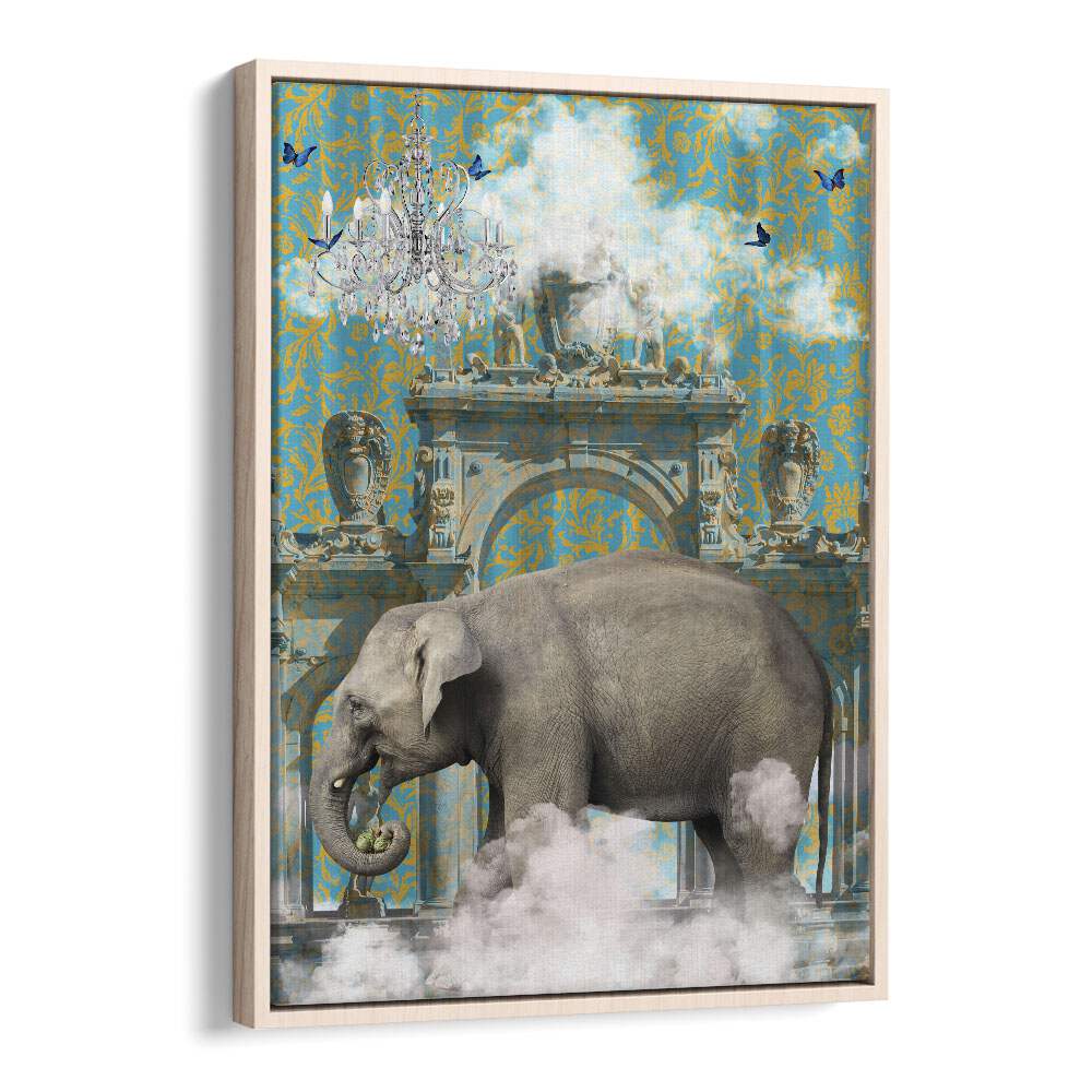 elephant adventures by sue skellern wall art prints in Oak Wood Floater Frame