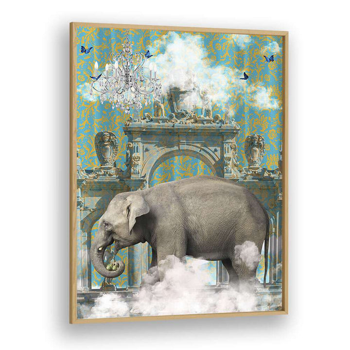 elephant adventures by sue skellern wall art prints in Oak Wood Plain Frame