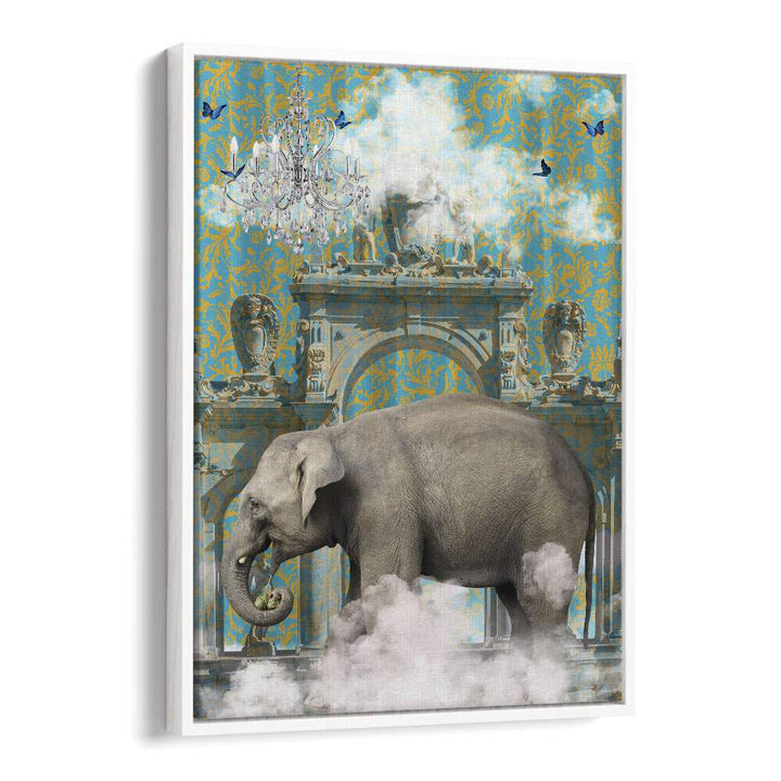 elephant adventures by sue skellern wall art prints in White Floater Frame