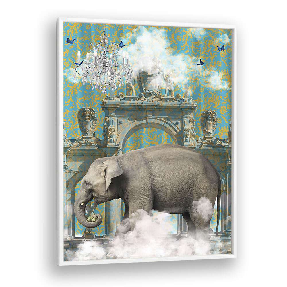 elephant adventures by sue skellern wall art prints in White Plain Frame