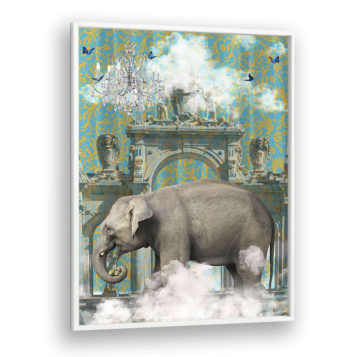 elephant adventures by sue skellern wall art prints in White Plain Frame