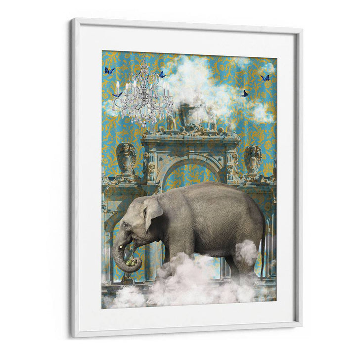 elephant adventuresby sue skellern wall art prints in White Frame With Mount