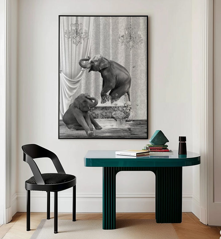 elephants a bubbles black and white by sue skellern wall art prints Artwork III placed on a wall