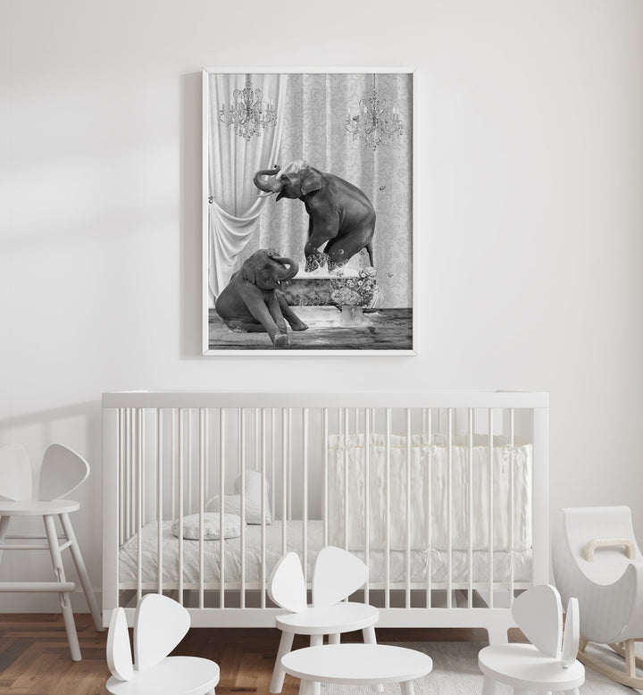 elephants a bubbles black and white by sue skellern wall art prints Artwork III placed on a wall