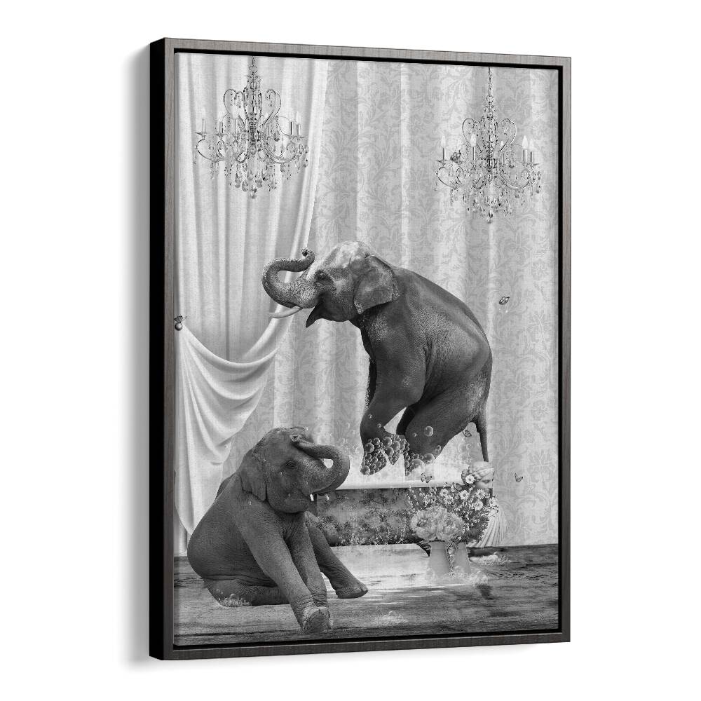 elephants a bubbles black and white by sue skellern wall art prints in Black Floater Frame