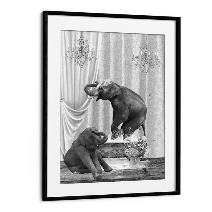 elephants a bubbles black and white by sue skellern wall art prints in Black Frame With Mount