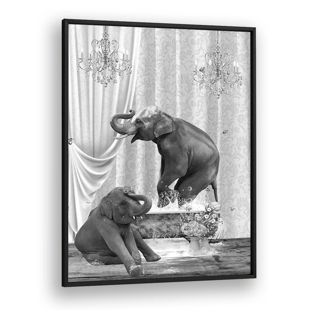 elephants a bubbles black and white by sue skellern wall art prints in Black Plain Frame