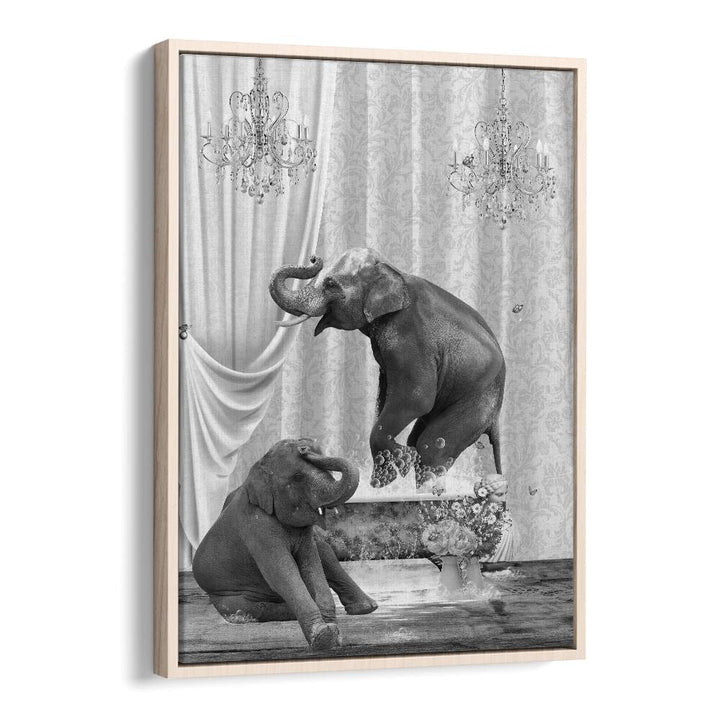 elephants a bubbles black and white by sue skellern wall art prints in Oak Wood Floater Frame