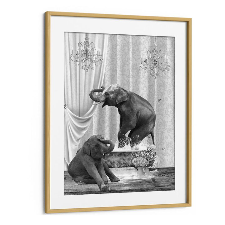 elephants a bubbles black and white by sue skellern wall art prints in Oak Wood Frame With Mount