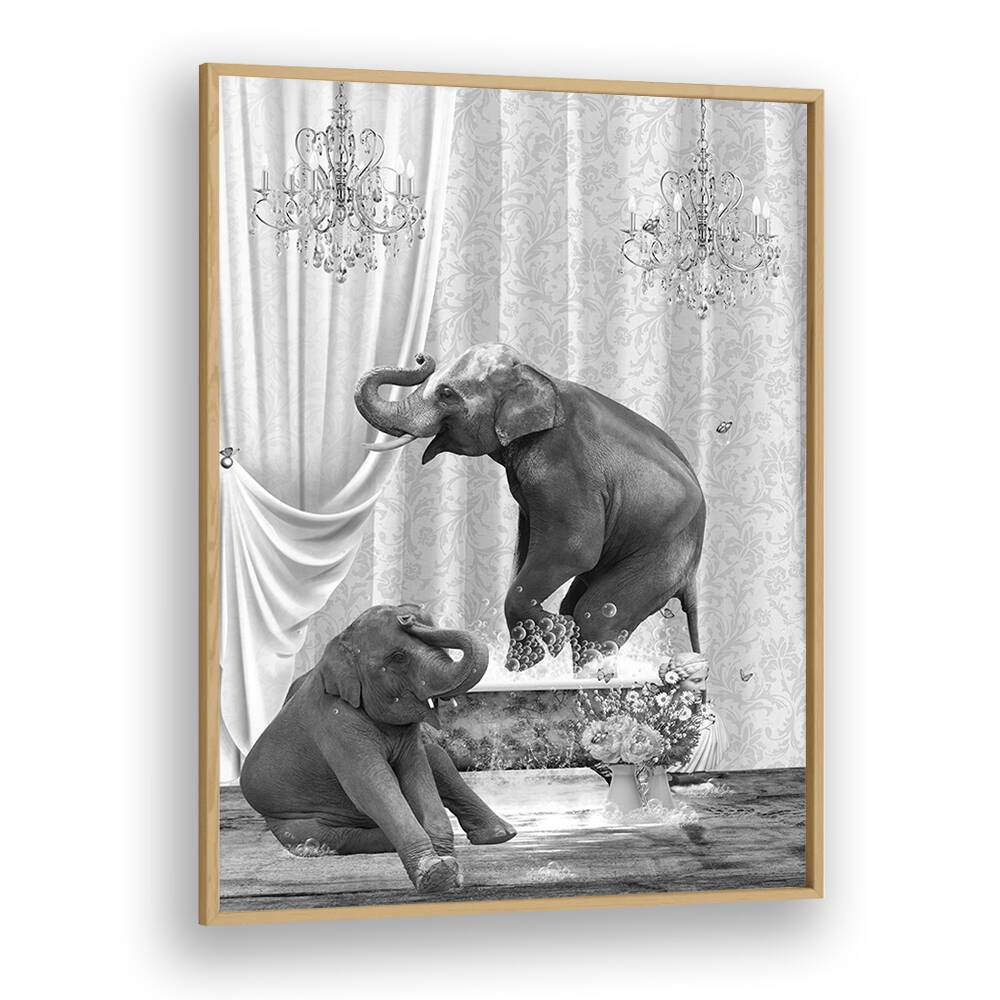 elephants a bubbles black and white by sue skellern wall art prints in Oak Wood Plain Frame