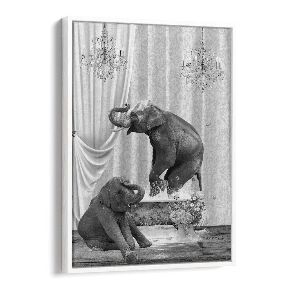 elephants a bubbles black and white by sue skellern wall art prints in White Floater Frame