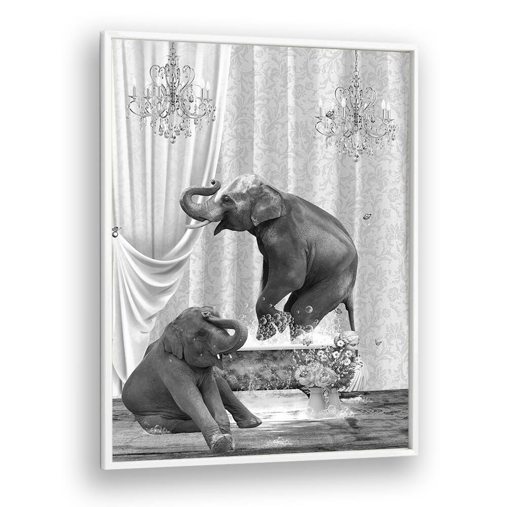 elephants a bubbles black and white by sue skellern wall art prints in White Plain Frame