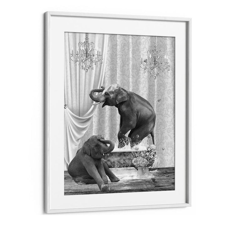 elephants a bubbles black and whiteby sue skellern wall art prints in White Frame With Mount