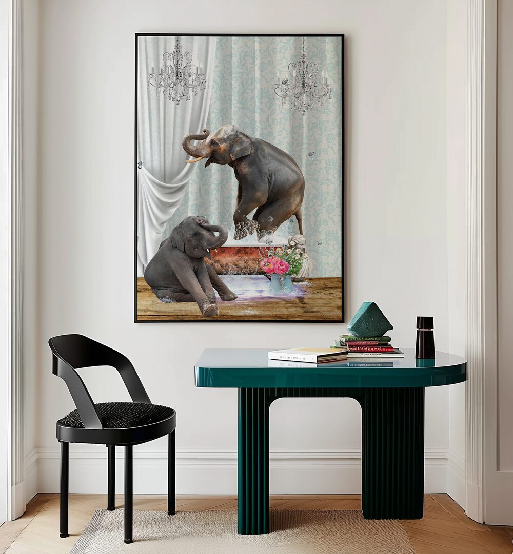 elephants in bubble by sue skellern wall art prints Artwork VI placed on a wall