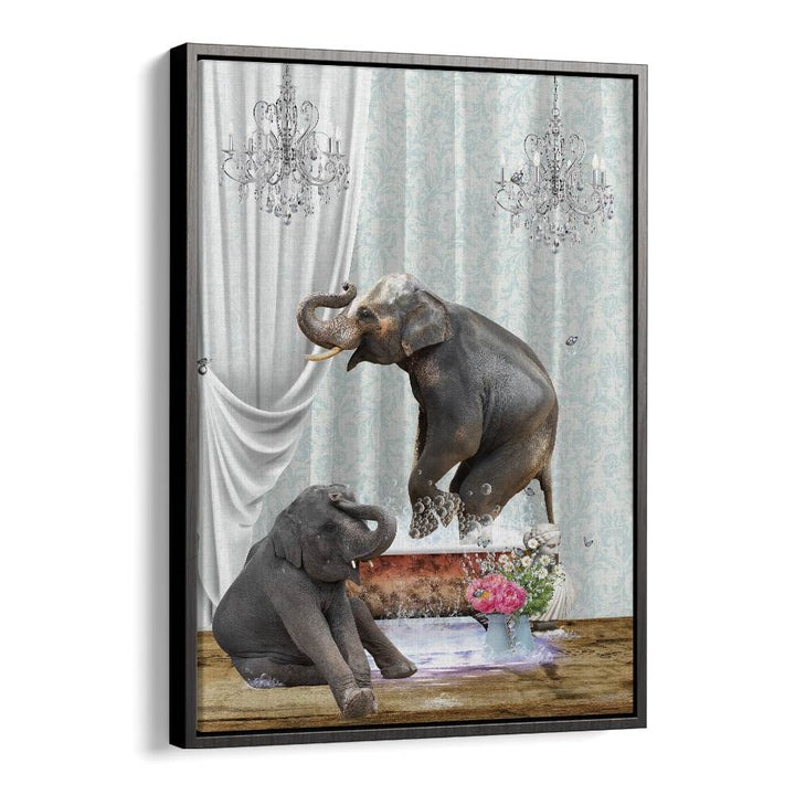 elephants in bubble by sue skellern wall art prints in Black Floater Frame