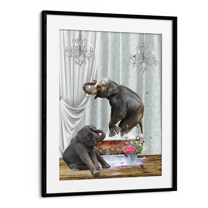 elephants in bubble by sue skellern wall art prints in Black Frame With Mount