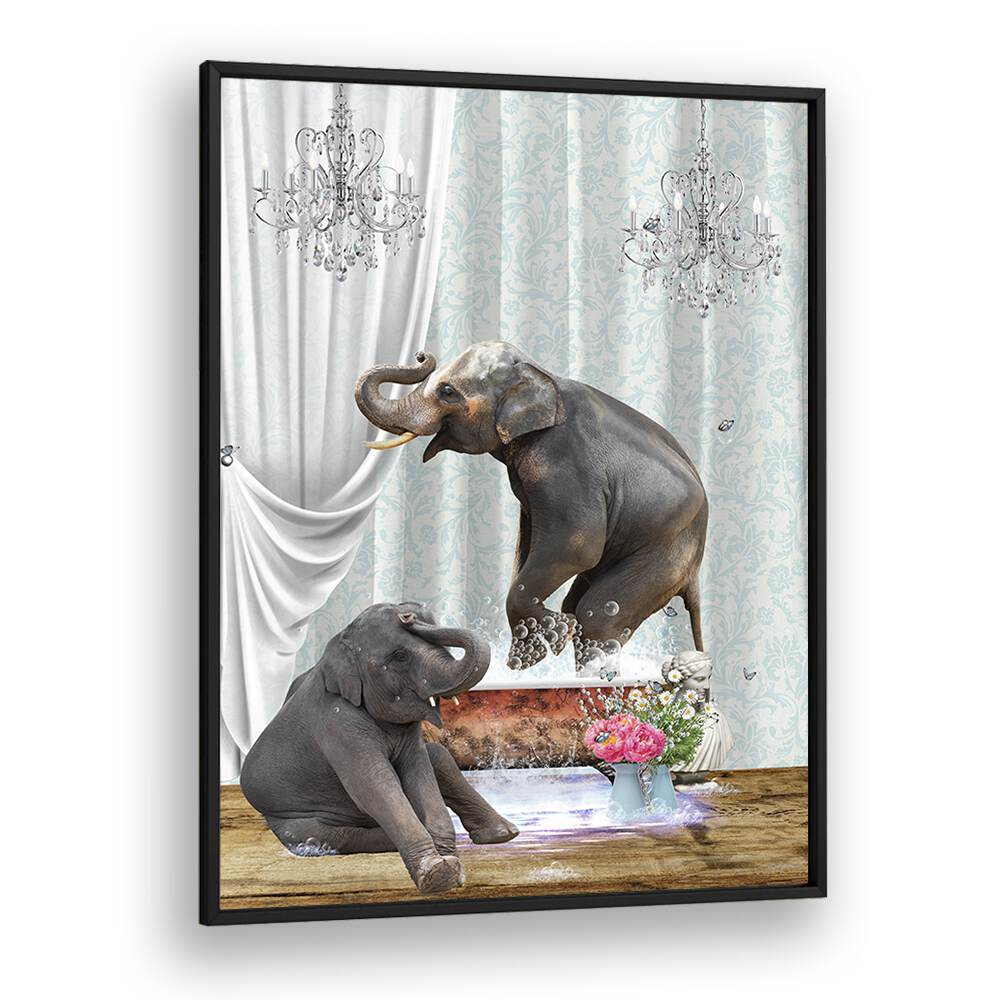 elephants in bubble by sue skellern wall art prints in Black Plain Frame