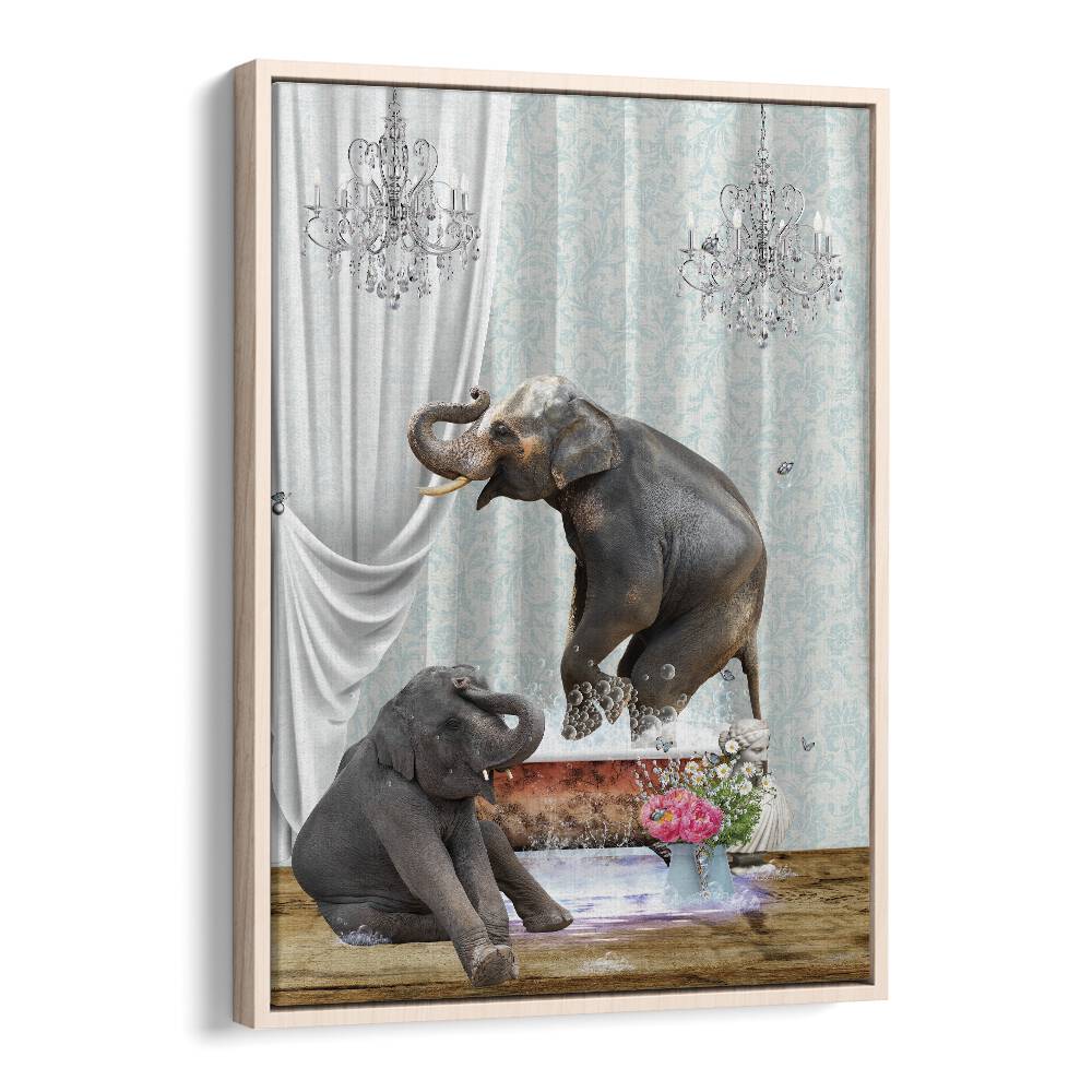 elephants in bubble by sue skellern wall art prints in Oak Wood Floater Frame