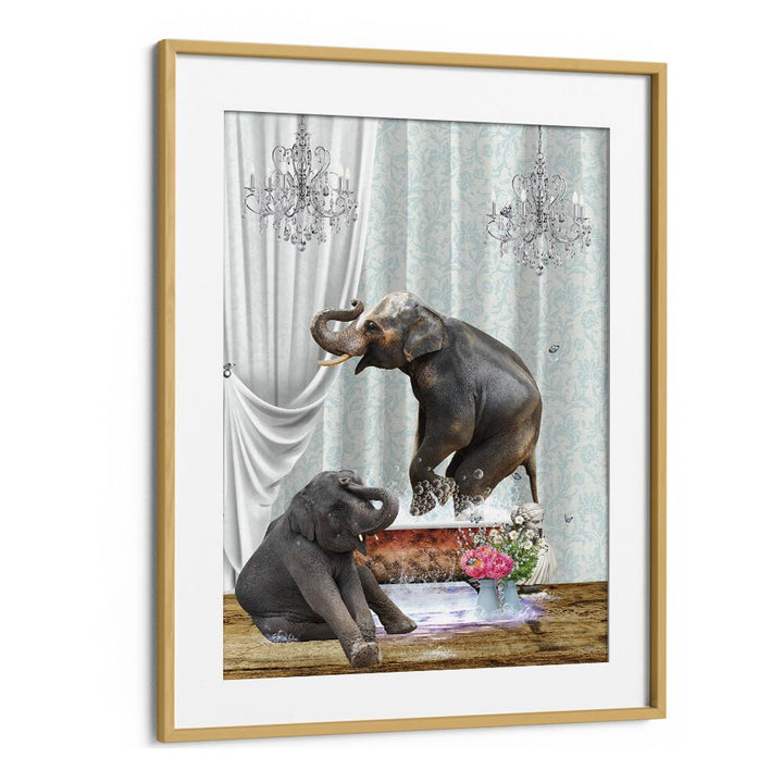 elephants in bubble by sue skellern wall art prints in Oak Wood Frame With Mount