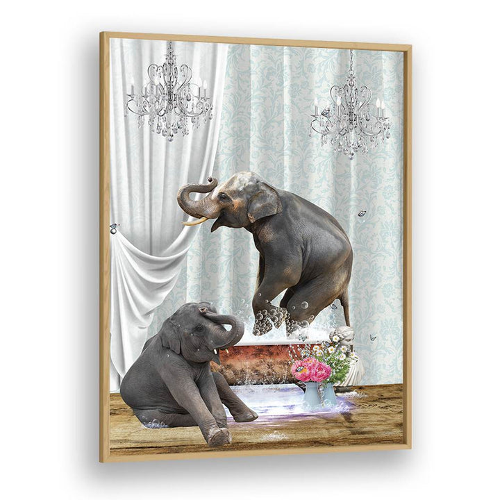 elephants in bubble by sue skellern wall art prints in Oak Wood Plain Frame