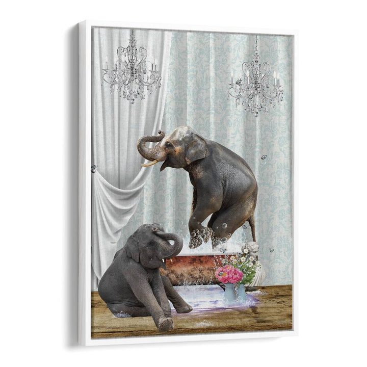 elephants in bubble by sue skellern wall art prints in White Floater Frame