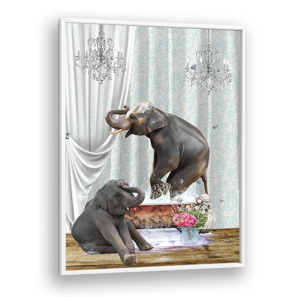 elephants in bubble by sue skellern wall art prints in White Plain Frame