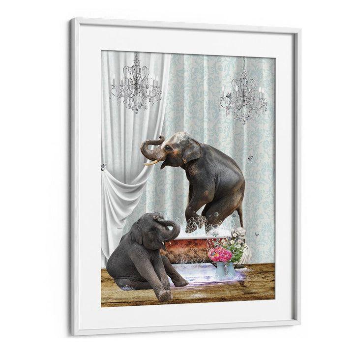 elephants in bubbleby sue skellern wall art prints in White Frame With Mount