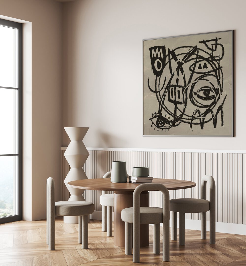 Stylish dining area featuring EXPRESSED, ABSTRACT PAINTINGS by Dan Hobday, enhancing modern interior design.