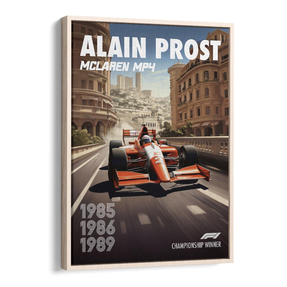 f1-alain prost-mclaren mp4 car poster in Oak Wood Floater Frame